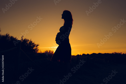 Silhouette of pregnant woman at sunset with solid color background.