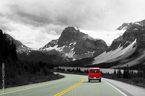 The Icefields Parkway, road, road to Jasper, The Bow Lake area, Canada, Alberta, red car, black and white photo