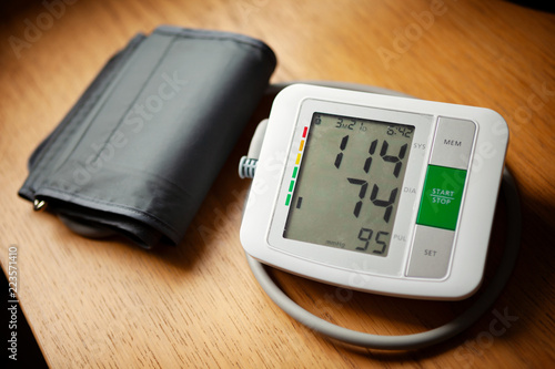 Blood pressure monitor, wth normal blood pressure reading of 114/74