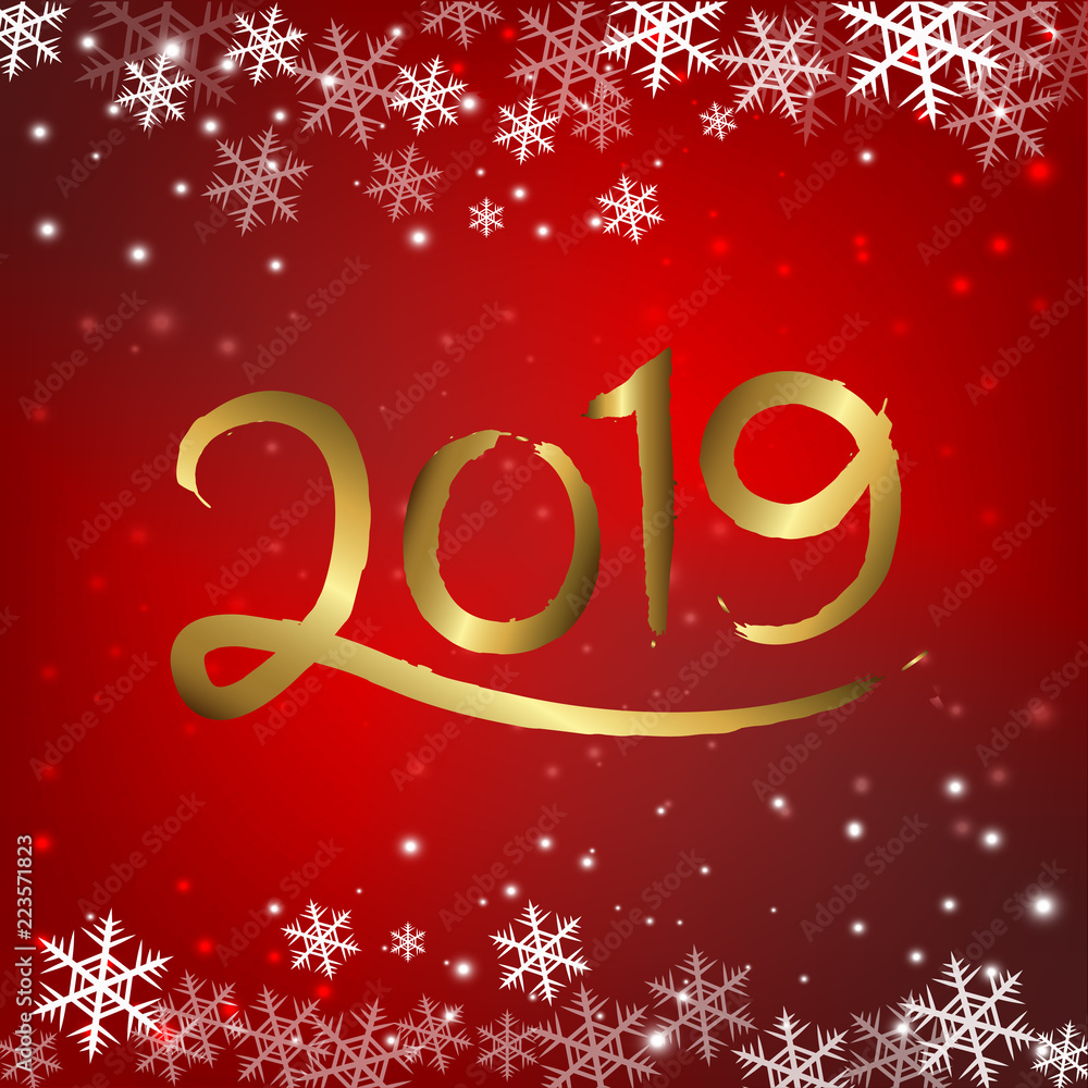 Happy new year 2019 hand written lettering with golden Christmas snowflake on red background, Vector illustration