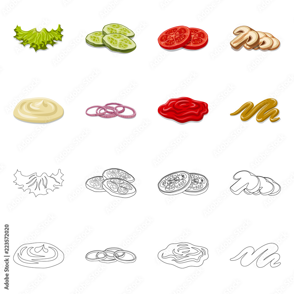 Vector design of burger and sandwich icon. Set of burger and slice stock vector illustration. Vector design of burger and sandwich icon. Set of burger and slice stock vector illustration.
