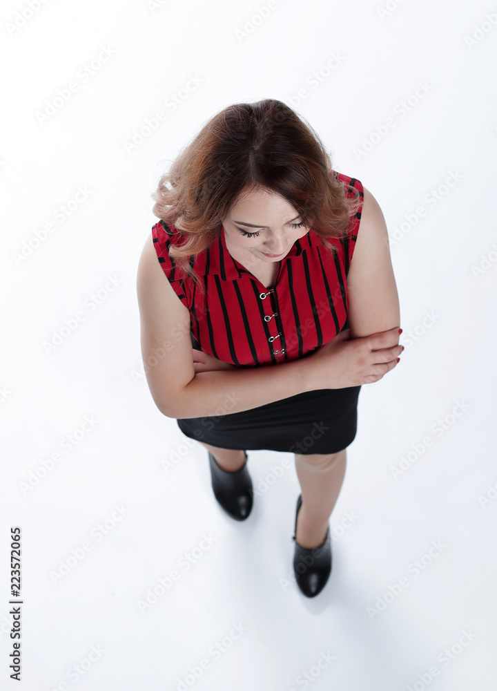 Studio shot of young women looking upwards on a white background
