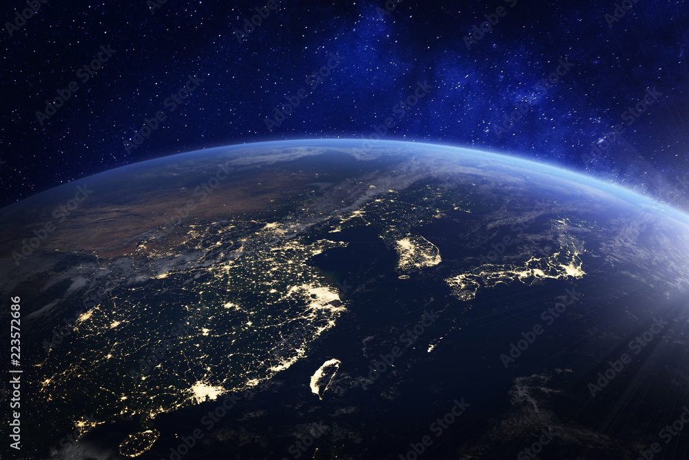 Fototapeta Azja nocą z kosmosu z lampkami pokazującymi działalność człowieka w Chinach, Japonii, Korei Południowej, Hongkongu, Tajwanie i innych krajach, renderingu 3D planety Ziemi, elementy z NASA
