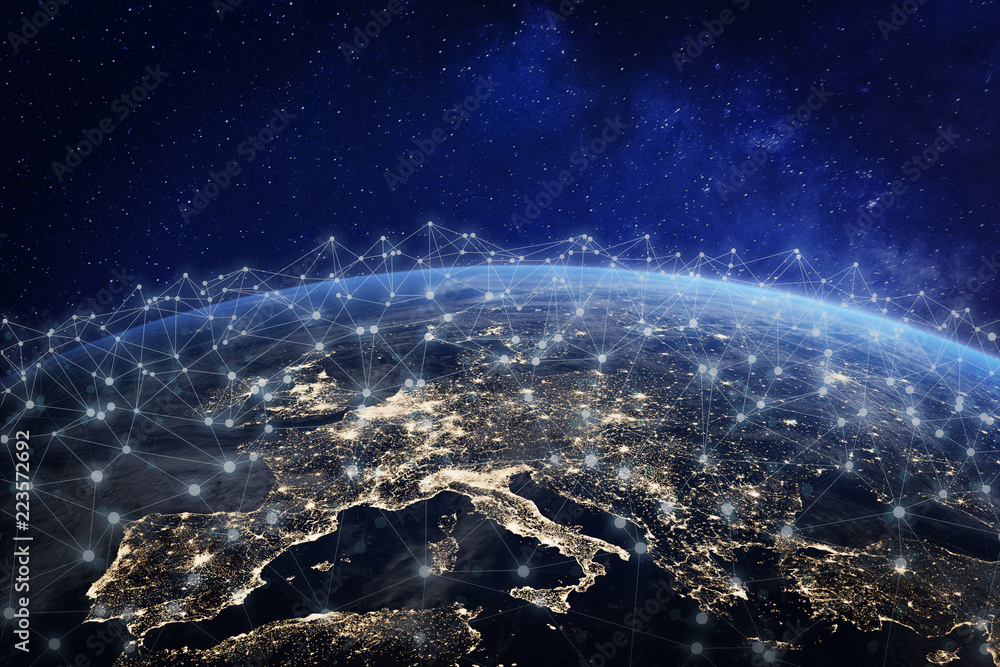 European telecommunication network connected over Europe, France, Germany, UK, Italy, concept about internet and global communication technology for finance, blockchain or IoT, elements from NASA - obrazy, fototapety, plakaty 