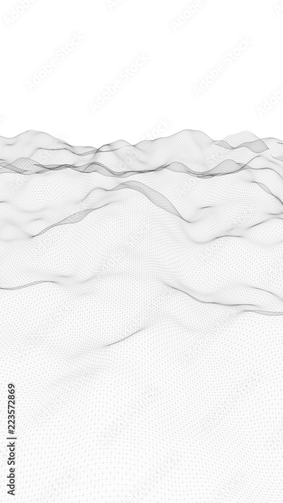 Obraz premium Abstract landscape on a white background. Cyberspace grid. Hi-tech network. Vertical image orientation. 3D illustration