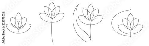 Flower lotus continuous line vector illustration set with editable stroke for floral design or logo.