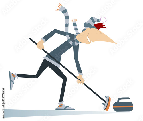 Smiling young man plays curling isolated illustration. Young man with curling brush pushes a stone towards a target isolated on white illustration 
