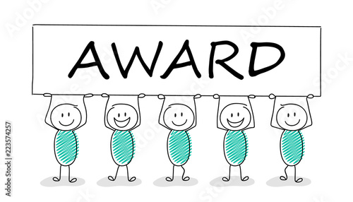 Funny business illustration - cartoon stickman holding a banner with slogan: award. Vector.