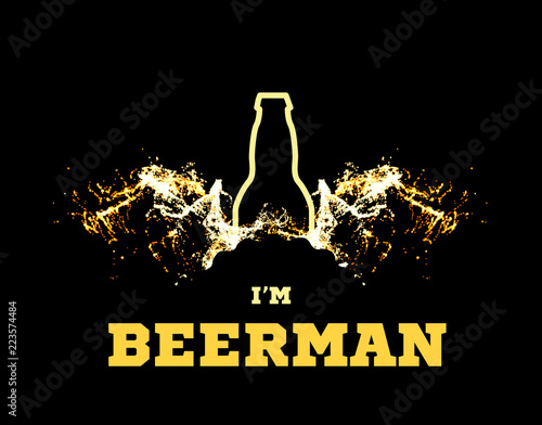 Vector illustration of a beerman with beer wings in the form of splashes and a silhouette of a bottle