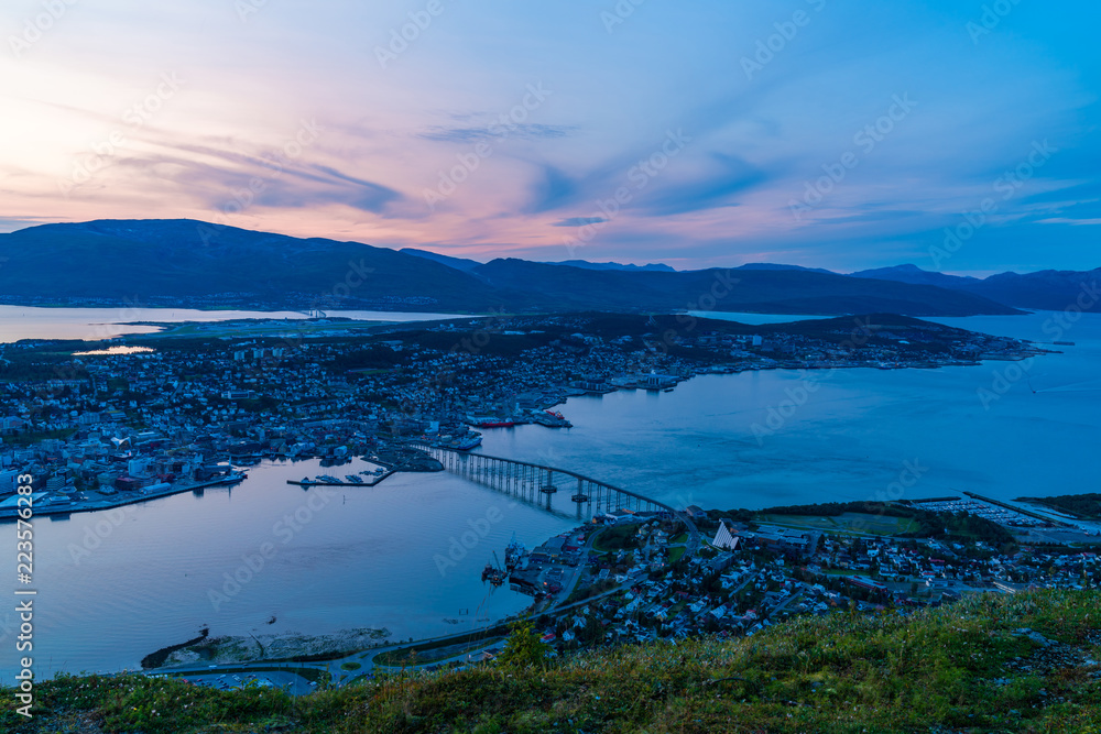 Beautiful sunset over Tromso in Norway - arial view.