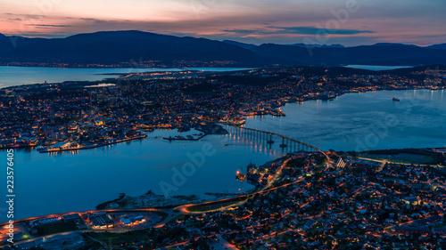 Arial view of Tromso in Norway at dusk
