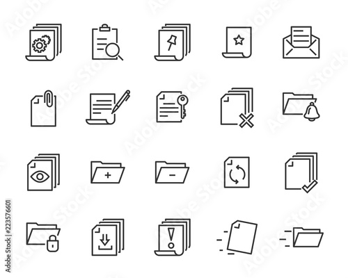 set of document icons, such as paper, mark, note, check, find