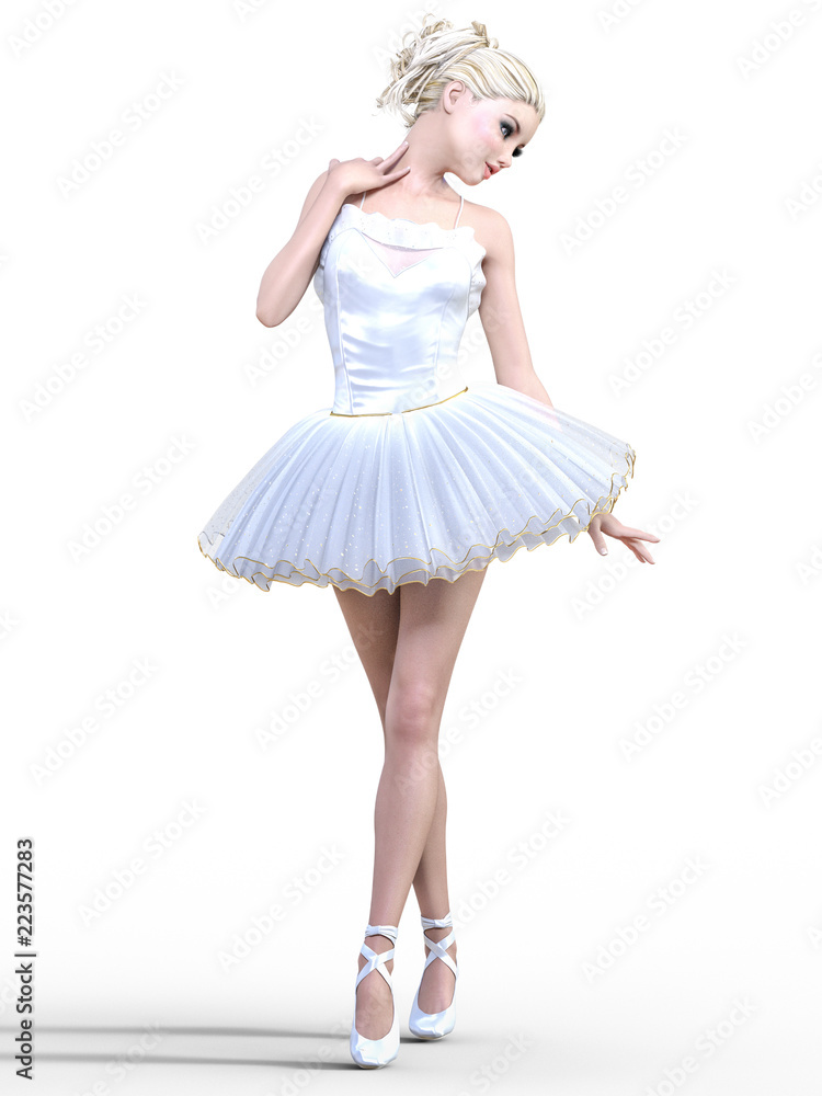 Naklejka premium Dancing ballerina 3D. White ballet tutu. Blonde girl with blue eyes. Ballet dancer. Studio photography. High key. Conceptual fashion art. Render realistic illustration. White background.