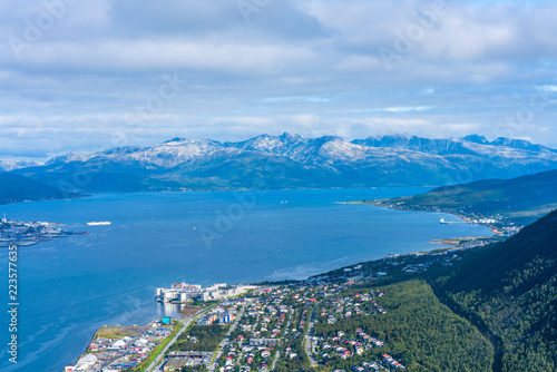 View of Tromsoysundet strait and Tromso on mainland - Tromsdalen. Norway