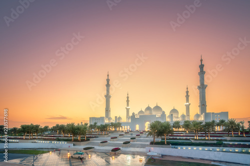 Sheikh Zayed Grand Mosque at sunset Abu-Dhabi, UAE