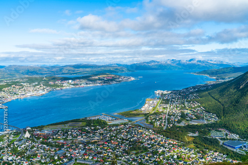 Aerial view of Tromso and Tromsoysundet strait in Norway © beataaldridge