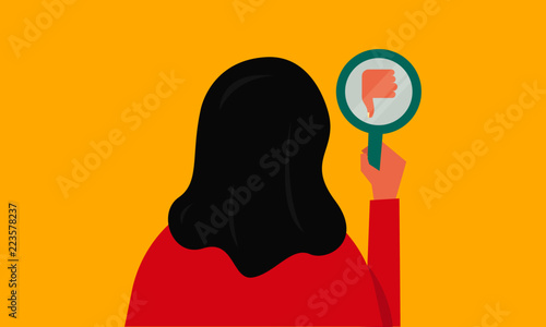 Vector illustration of a girl/woman staring at the thumbs down reflection in a mirror. Mirror shows disapproval sign. Thumb down gesture. Dislike concept