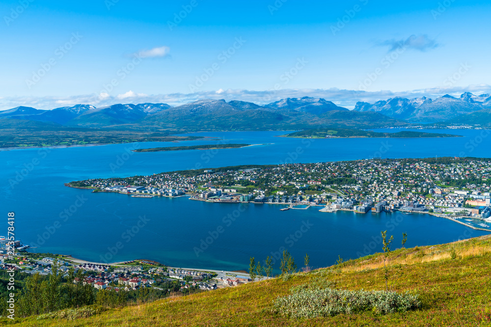 Fototapeta premium Aerial view of Tromso and Tromsoysundet strait in Norway