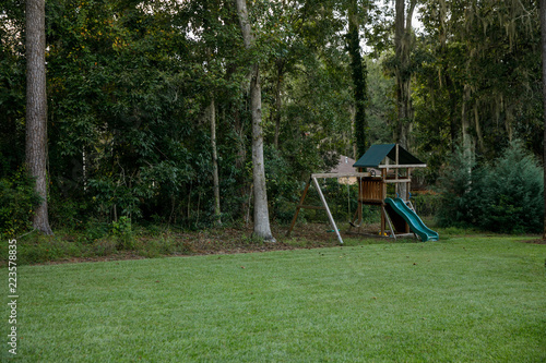 Suburban Backyard with Swingset and Grassy Lawn