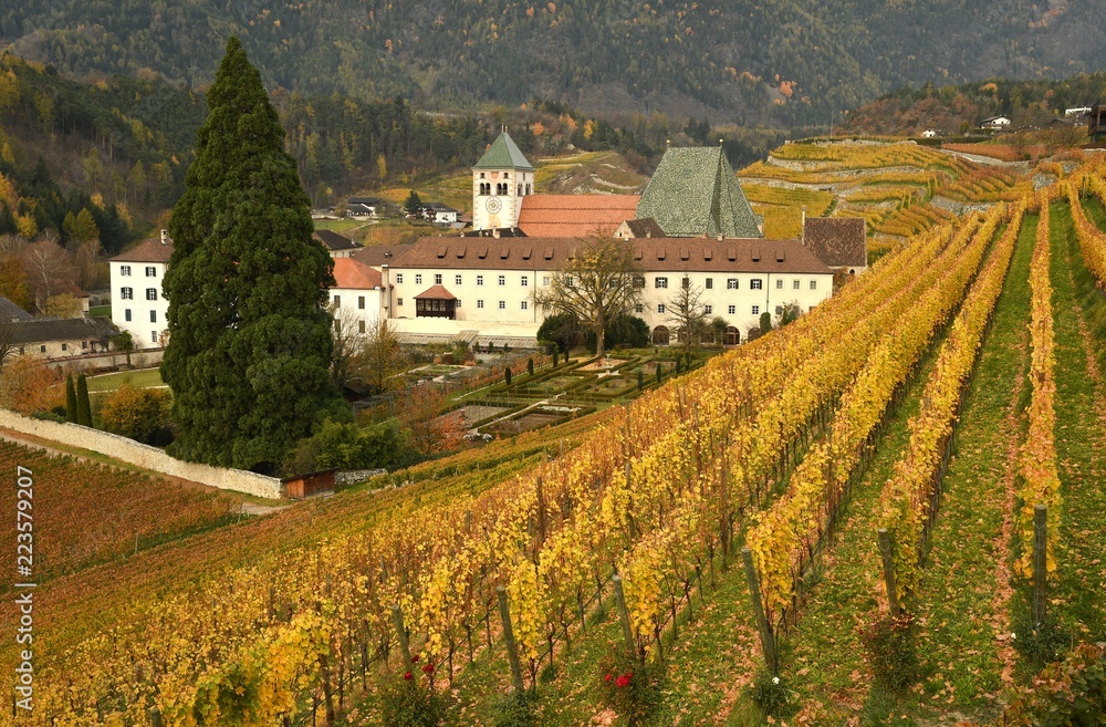 Novacella Monastery with vineyards during autumn season. Located in Varna, Bolzano, Trentino Alto-Adige, Italy