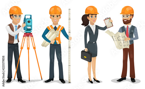 Civil engineer, surveyor, architect and construction workers isolated vector illustration.