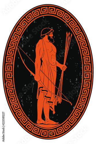 The hero of the ancient Greek myths Odysseus. Warrior with a weapon. Archer with a bow and arrows in his hands. Oval medallion isolated on a white background.
