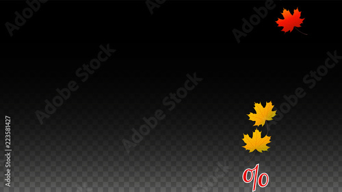 Vector Percentage Sign and Autumn Leaves Confetti on Transparent Background. Percent Sale Background. Business, Economics, Finance Print. Discount Illustration. Promotion poster. Black Friday Banner. 