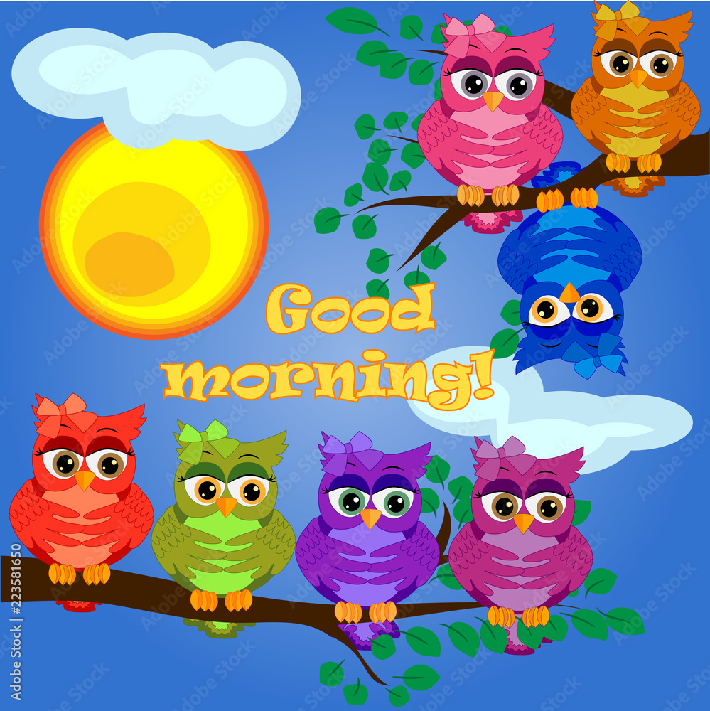 Obraz premium An unhappy, sleepy owl on a tree branch in the morning, the sun shines and smiles. Inscription Good morning. Morning, breakfast