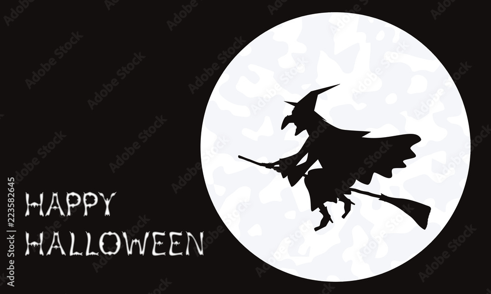 Silhouette of witch flying in her broom in front of the full moon on Halloween. Silhouette of witch flying in her broom in front of the full moon on Halloween.