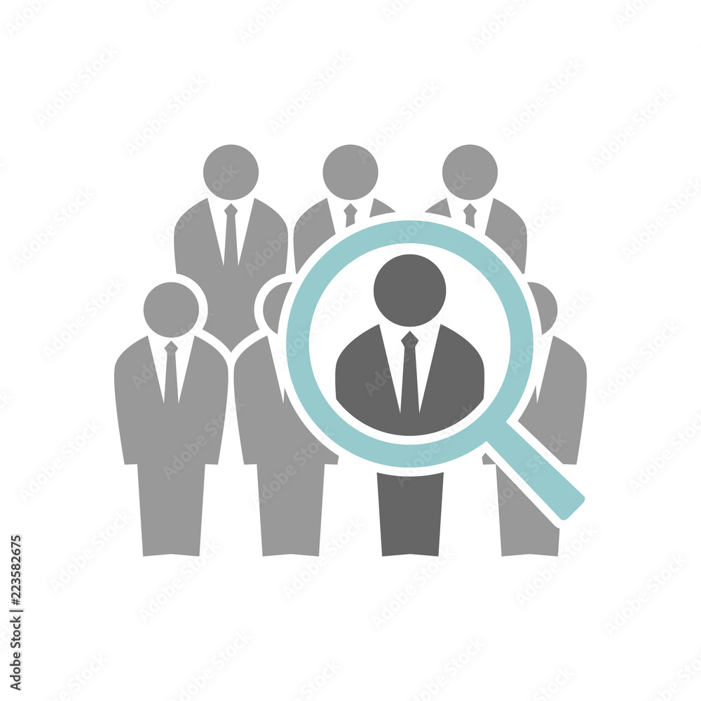 Employee recruiting concept illustration. Group of businessmen and a magnifying glass. Human resources job hiring icon. Employee recruiting concept illustration. Group of businessmen and a magnifying glass. Human resources job hiring icon.