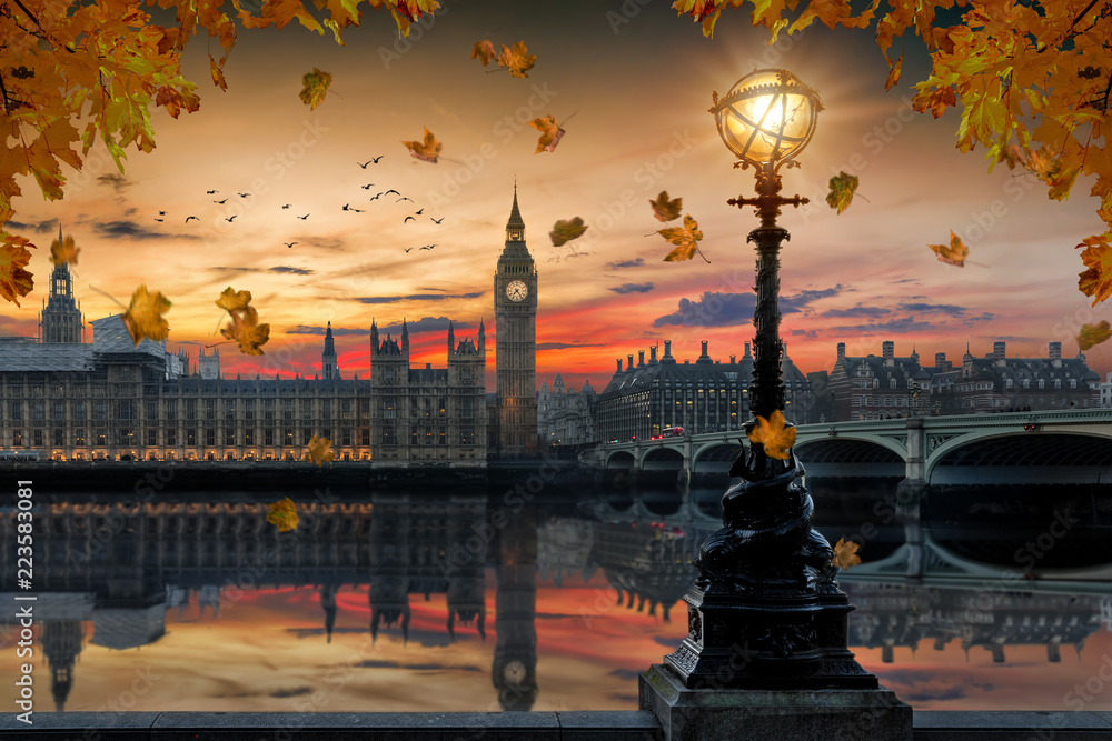 Herbst in London: goldener Sonnenuntergang hinter dem Westminster Palast an der Themse in London mit Laub an den Bäumen