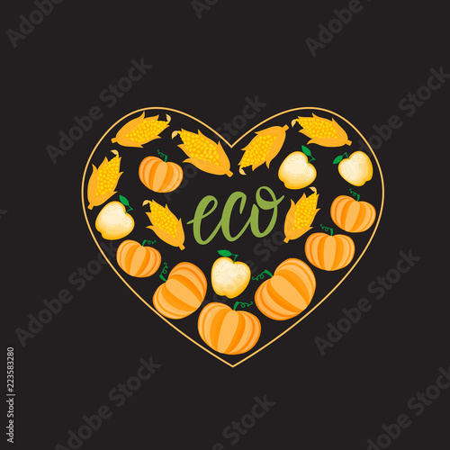 Autumn Cartoon Heart with orange vegetable pumpkin corn apple. Vector ilustration isolated on dark background. Thanksgiving day design.