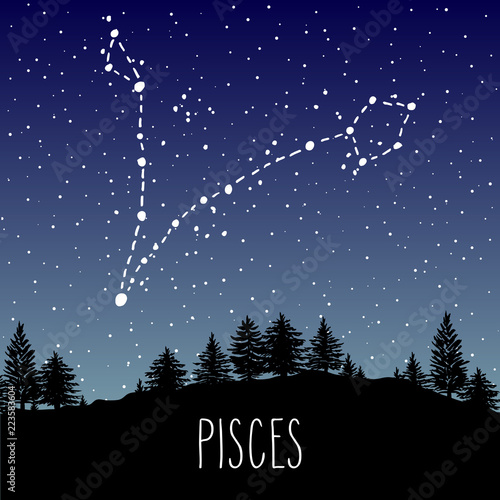 Pisces Zodiac sign constellation over the night forest