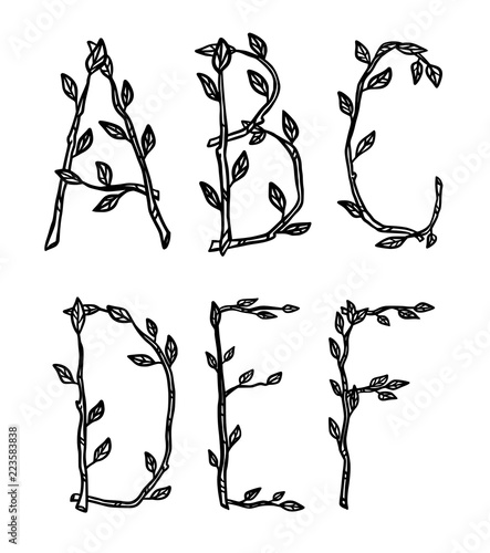 Decorative alphabet letters made of tree branches