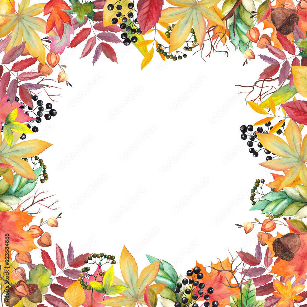 Handpainted watercolor frame of autumn leaves, berries, pumpkins, acorns on white background Handpainted watercolor frame of autumn leaves, berries, pumpkins, acorns on white background