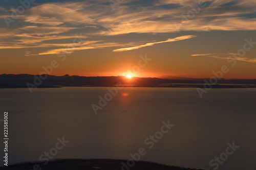 Mountaintop view of the sunset over the Great Salt Lake in Utah USA
