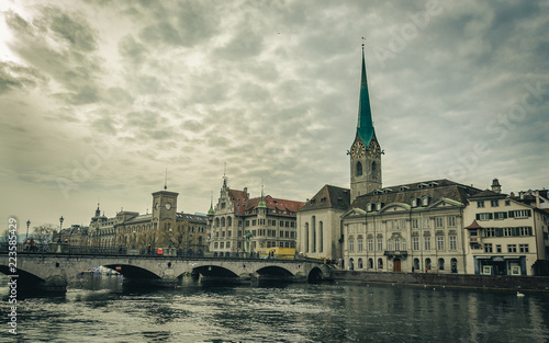 Beautiful view of the historic city center of Zurich with famous Fraumunster Church