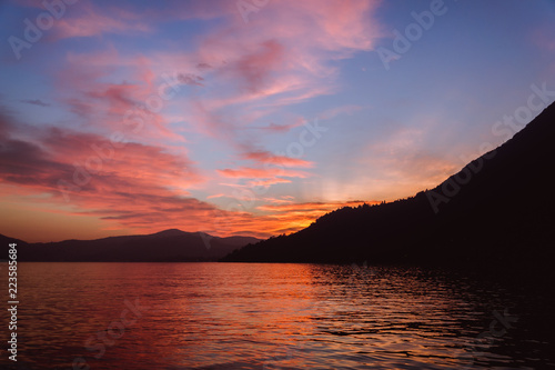A scenic sunset in the alpine hills above Lago di Como, Lombardy, northern Italy.