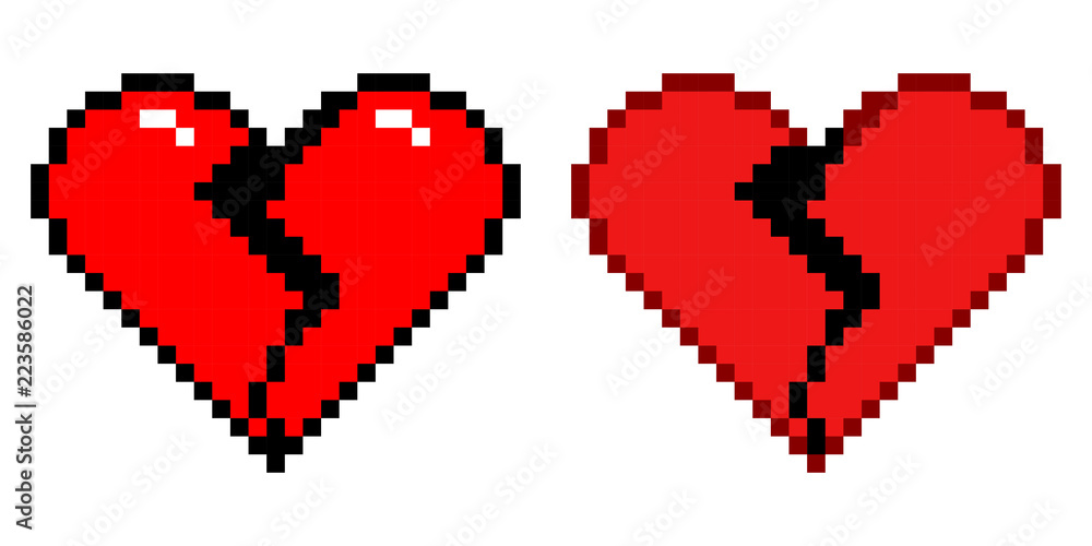 Fototapeta premium Cracked pixel heart set. Glossy heart and flat. Vector design.