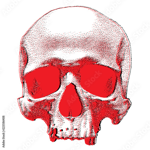 Hand drawn dotted style skull with glitch effect. Vector object isolated on white background