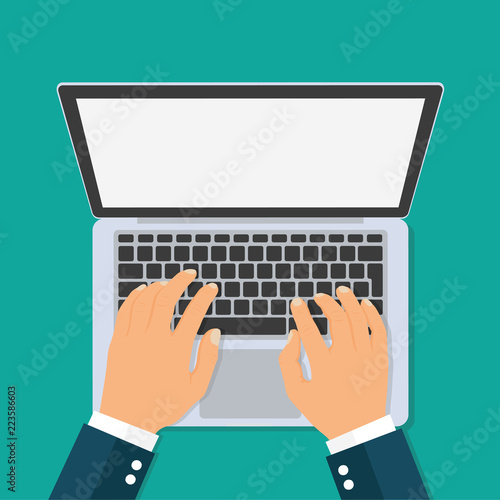 Hands typing text on the laptop keyboard. Top view - stock vector.