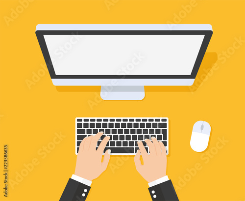 Hands typing text on the computer keyboard - stock vector.