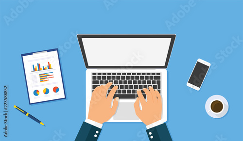 Hands typing text on the laptop keyboard. Top view - stock vector.
