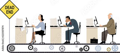 A line of business people working at their office desk riding a conveyor to the dead end, EPS 8 vector illustration of dead-end job photo