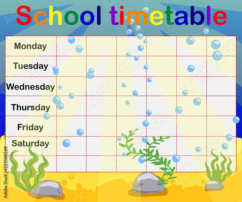 Design of the school timetable for kids. Bright underwater background for the planning of the school week