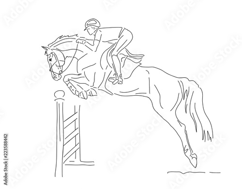 Equestrian, show jumping. A sketch of a rider with horse jumping over an obstacle.