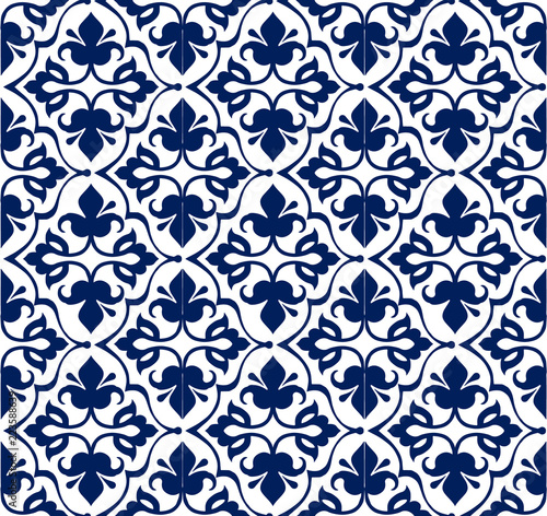 Printed indigo dye,seamless ethnic floral geometric pattern. Traditional oriental ornament.