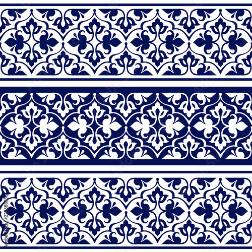 Indigo seamless ethnic floral pattern. Seamless ethnic floral geometric border.
