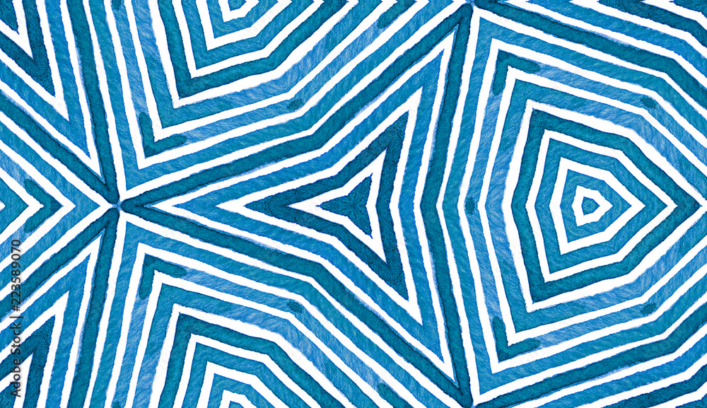 Blue Geometric Watercolor. Cute Seamless Pattern. Hand Drawn Stripes. Brush Texture. Great Chevron O