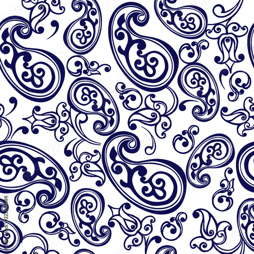 Oriental seamless paisley pattern in blue colors. Decorative ornament backdrop for fabric, textile, wrapping paper.